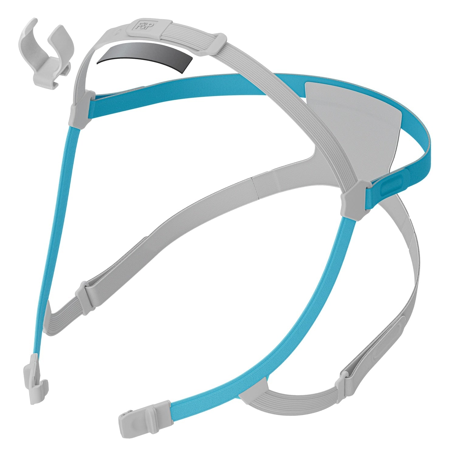 Gray and blue headgear with straps on a white background