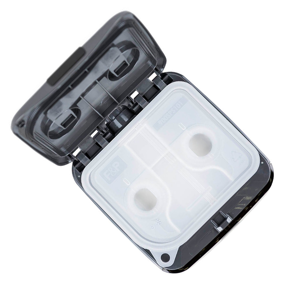 Black and transparent plastic container with a lid on a white background
