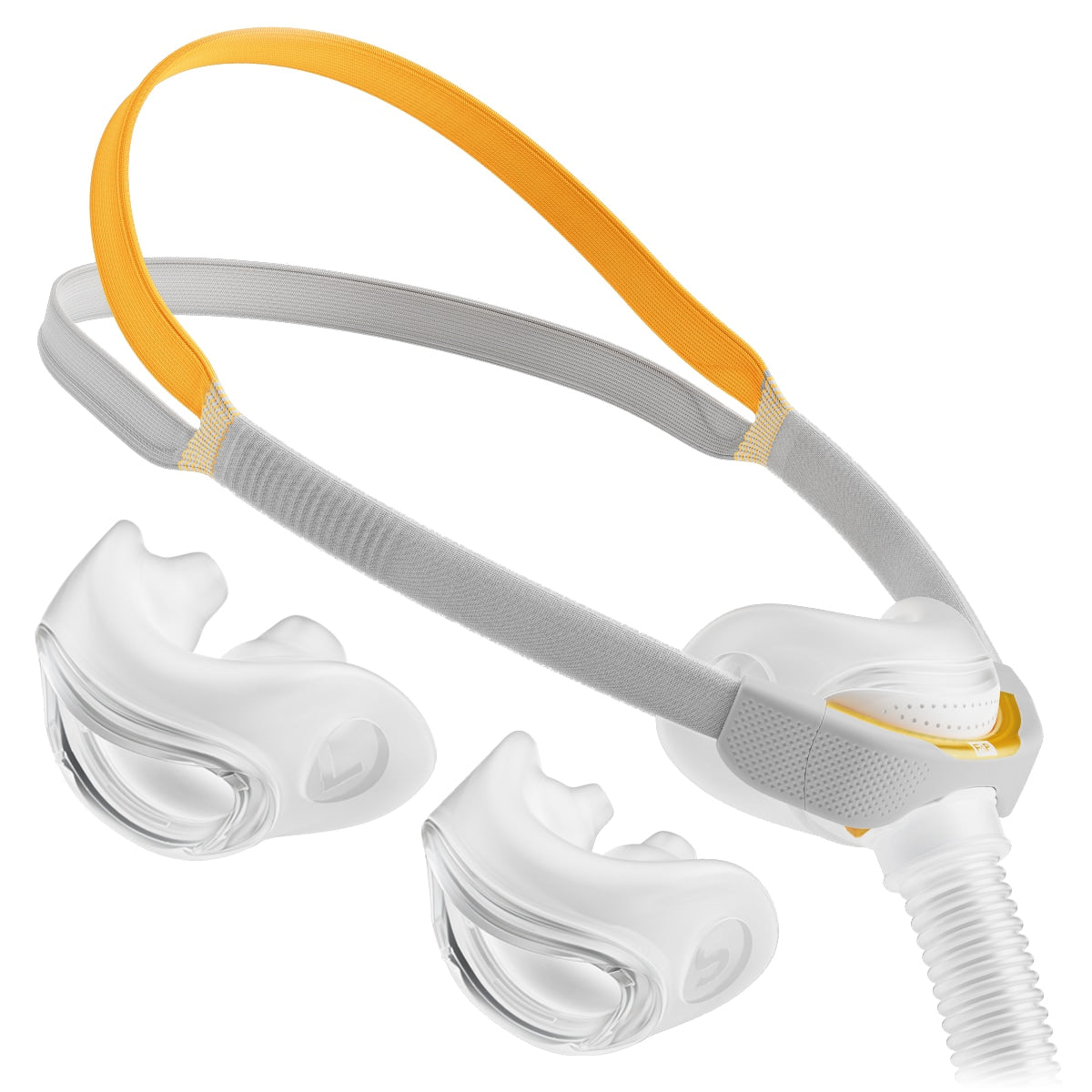 A nasal pillow CPAP/BiPAP mask with headgear, predominantly gray, with orange accents, displayed against a white background.