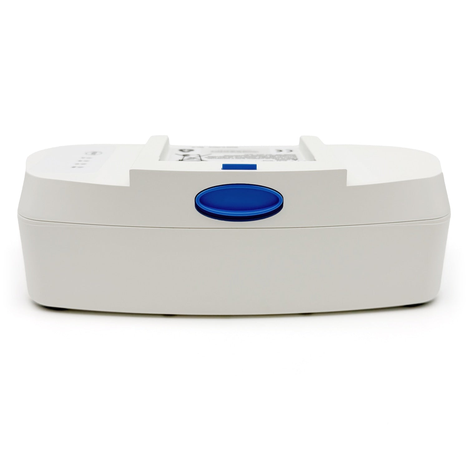 White electronic device with a blue button on a white background
