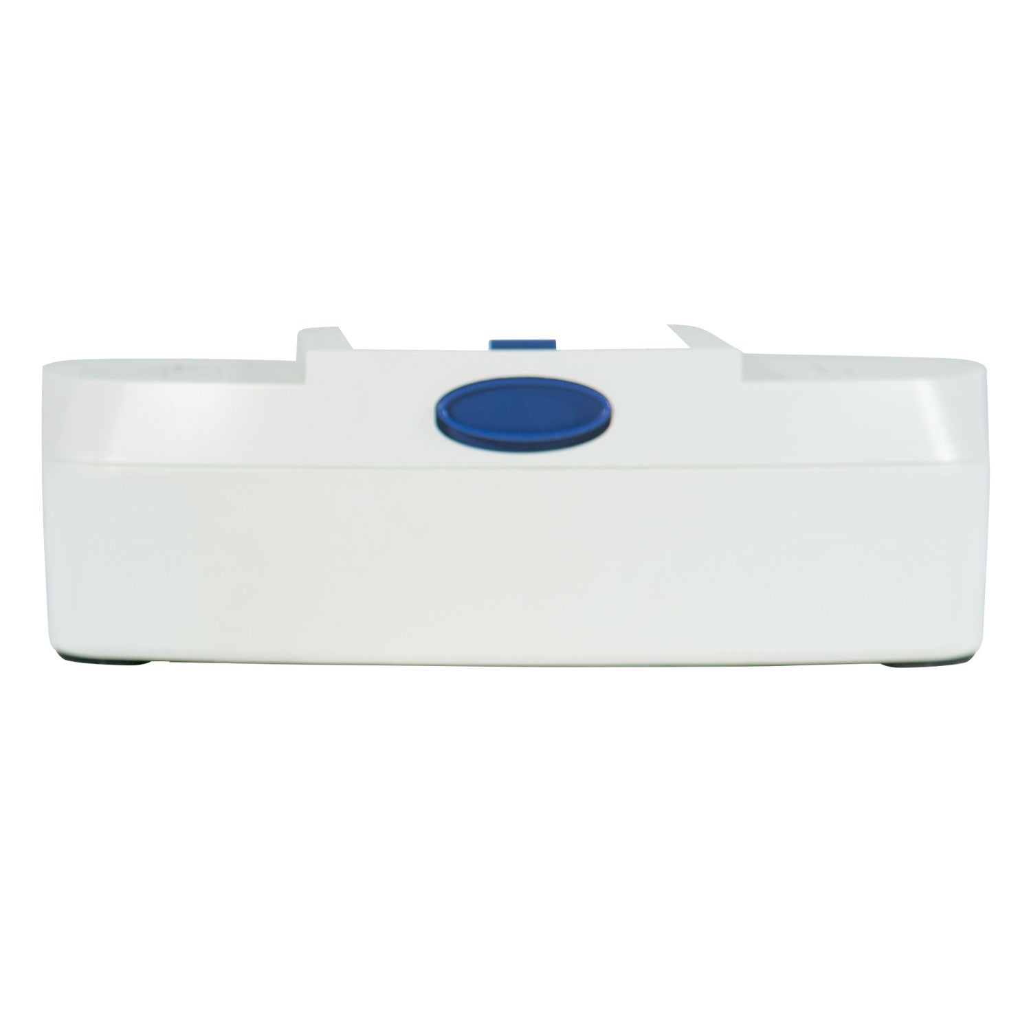 White electronic device with a blue button on a white background