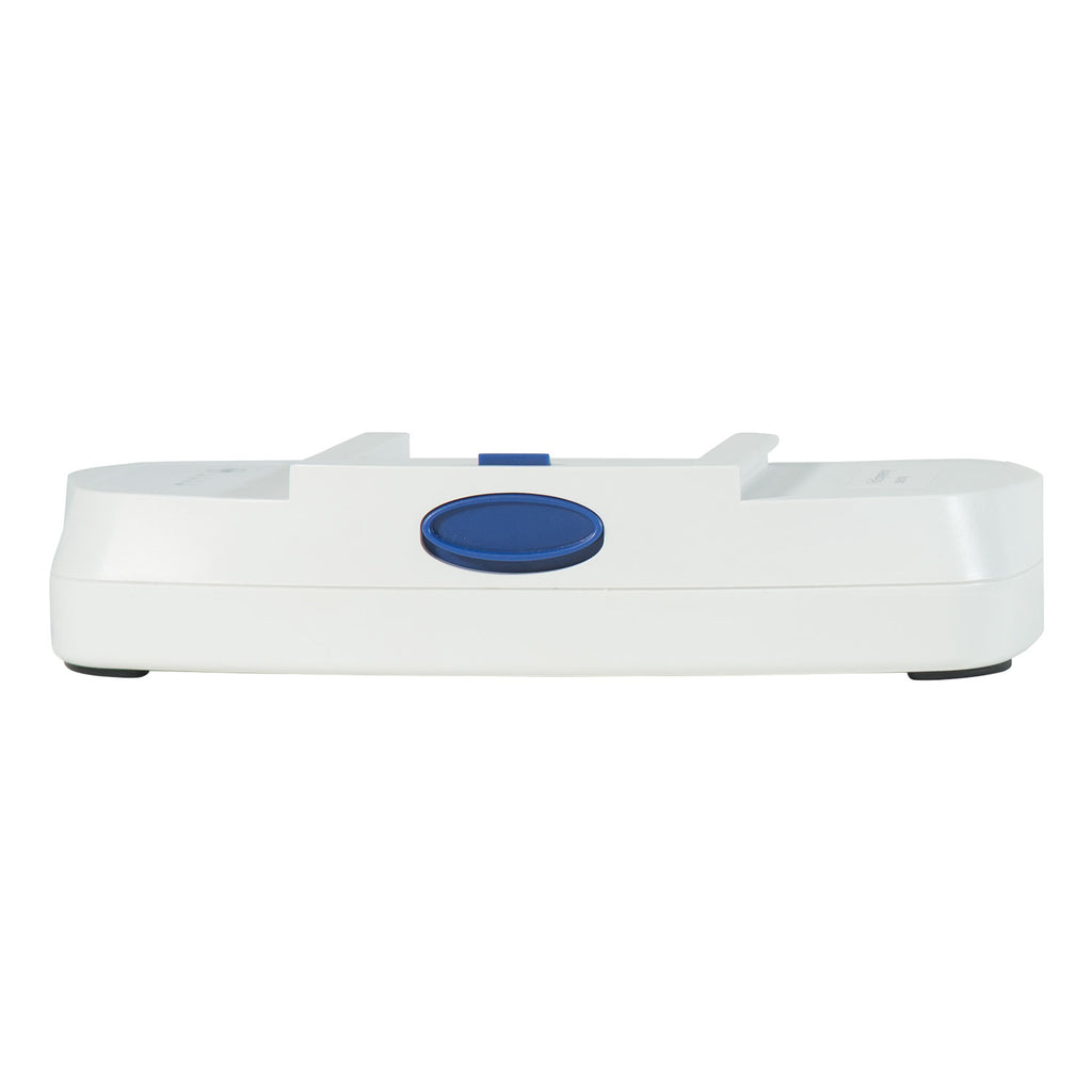 White electronic device with a blue button on a white background