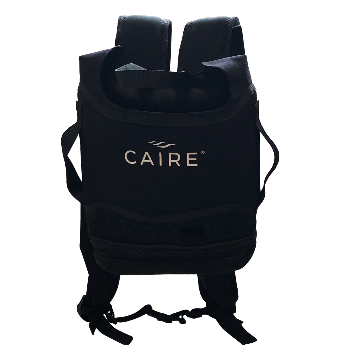 Black backpack with 'CAIRE' logo on a white background