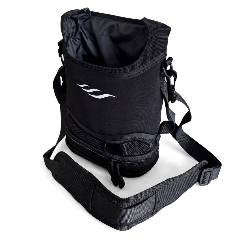 Black bag with a white Freestyle Comfort Portable Oxygen Concentrator  on a white background