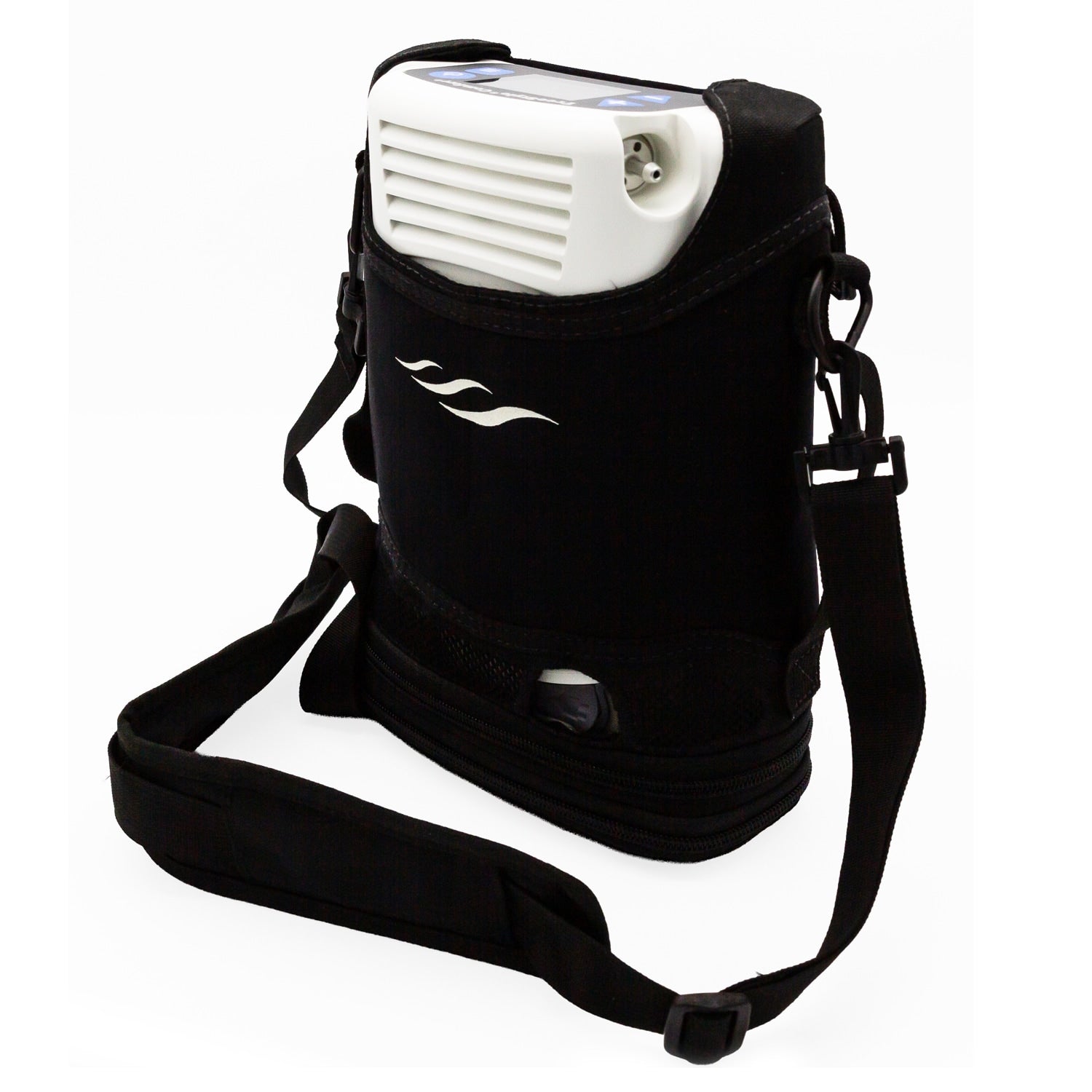 Black bag with a white Freestyle Comfort Portable Oxygen Concentrator  on a white background