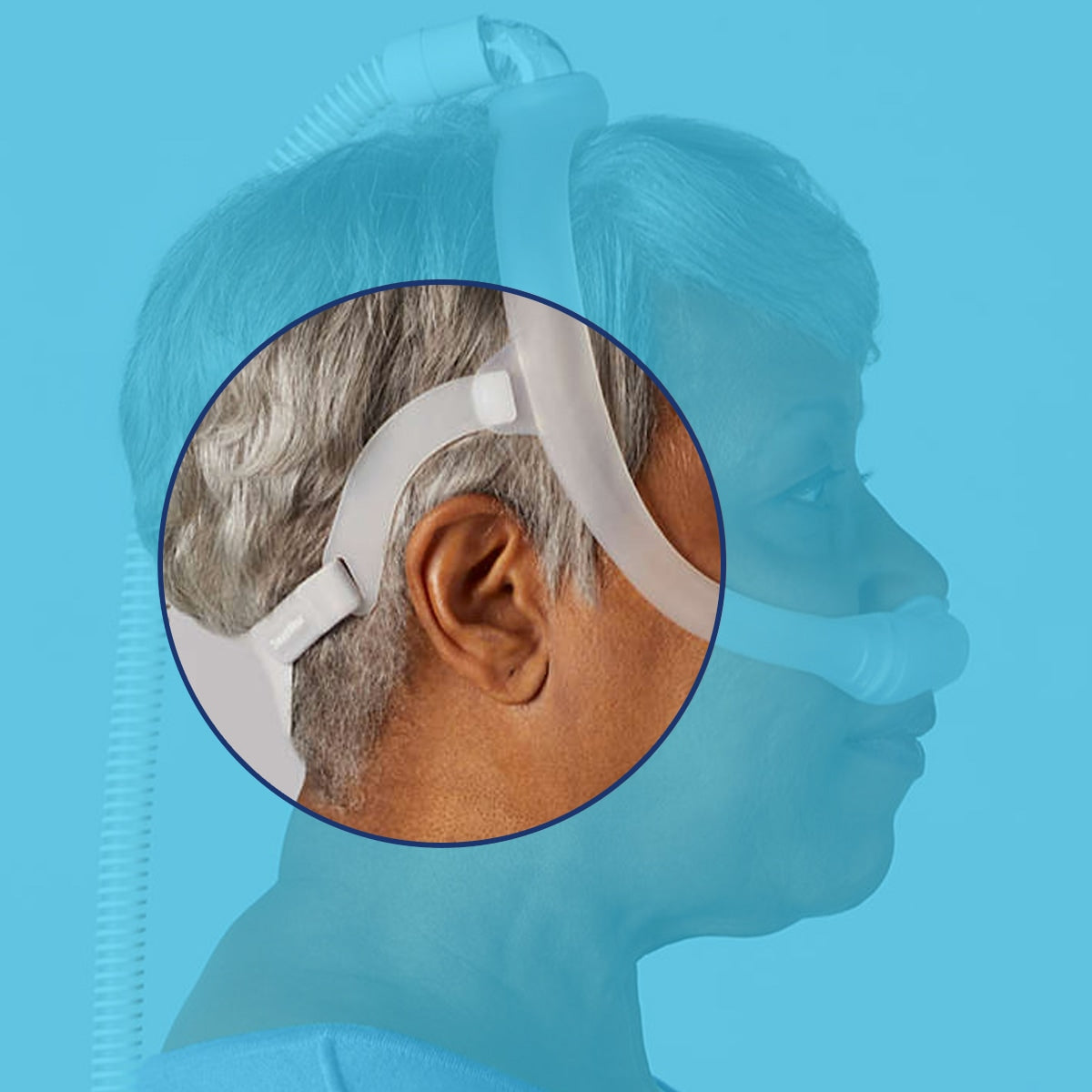 Detailed View of Lady Wearing CPAP Headgear 