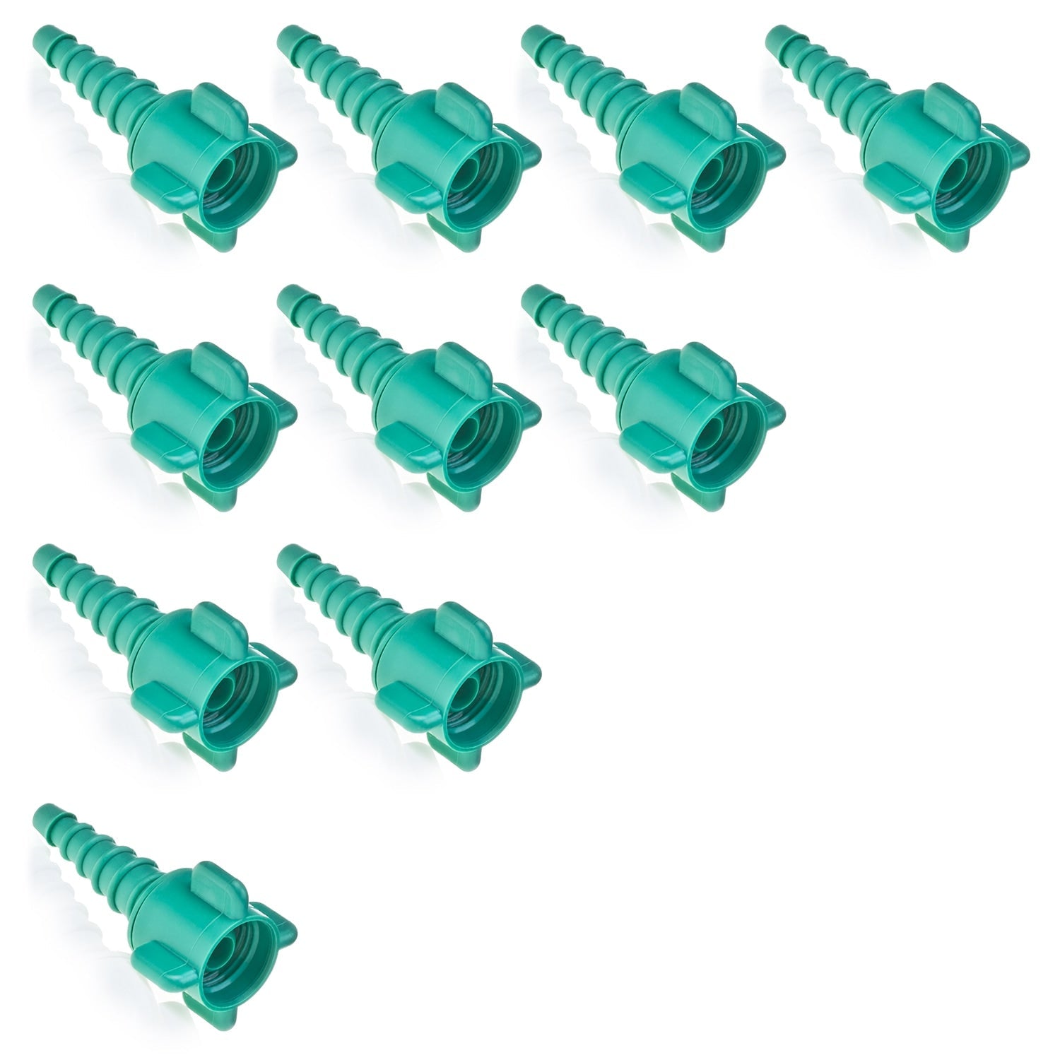 Ten green plastic threaded connector fittings arranged on a white background.