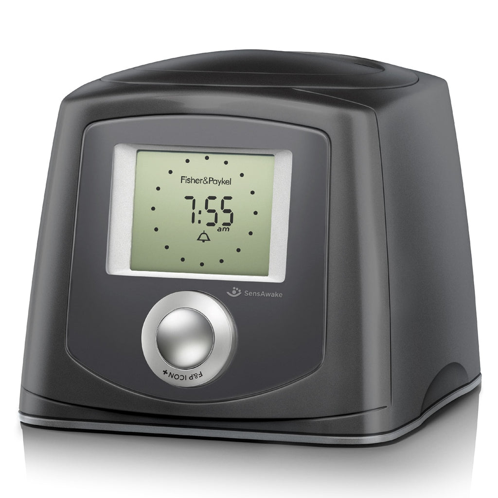 A black CPAP machine with a digital display showing the time and settings, with a compact and travel-friendly design.