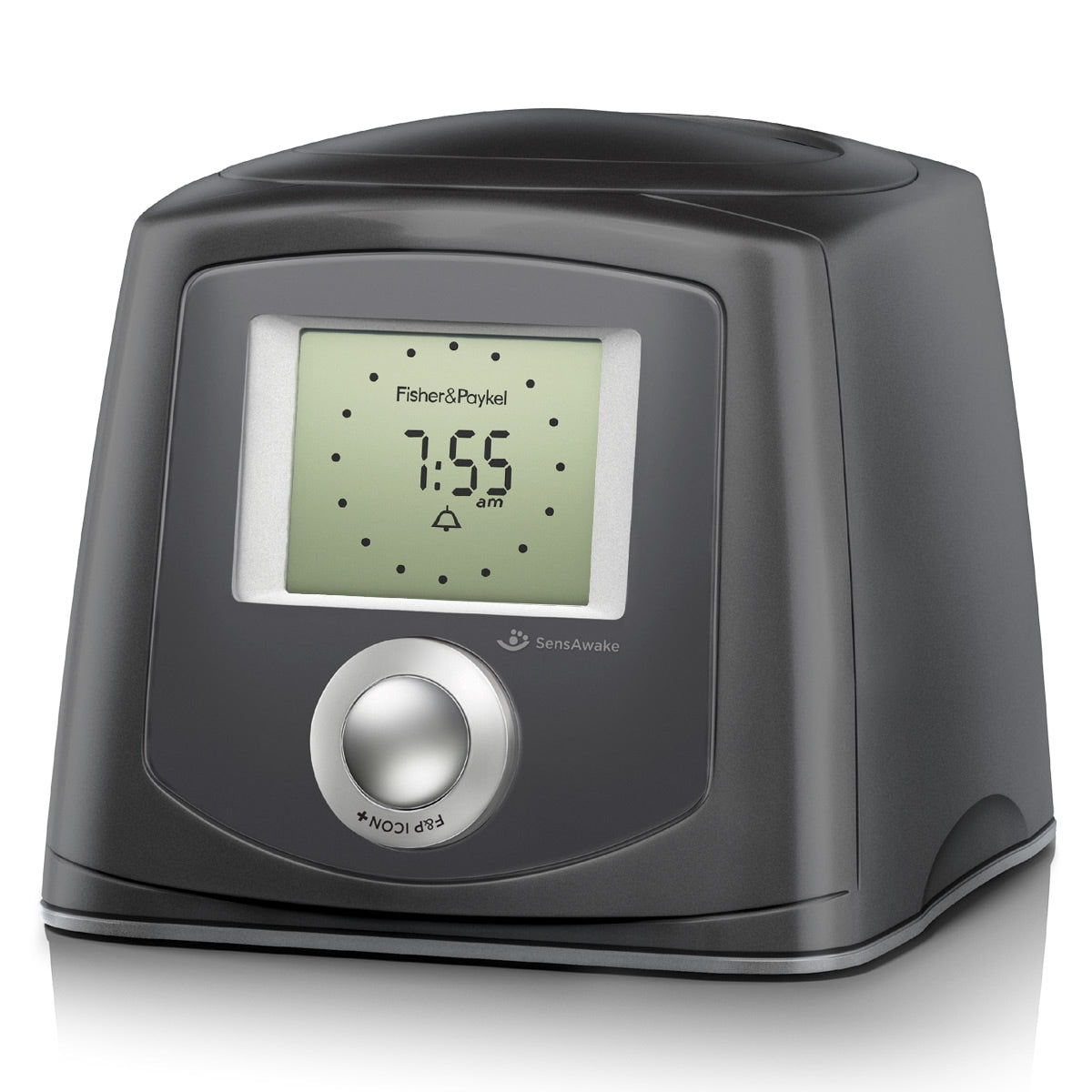 A black CPAP machine with a digital display showing the time and settings, with a compact and travel-friendly design.