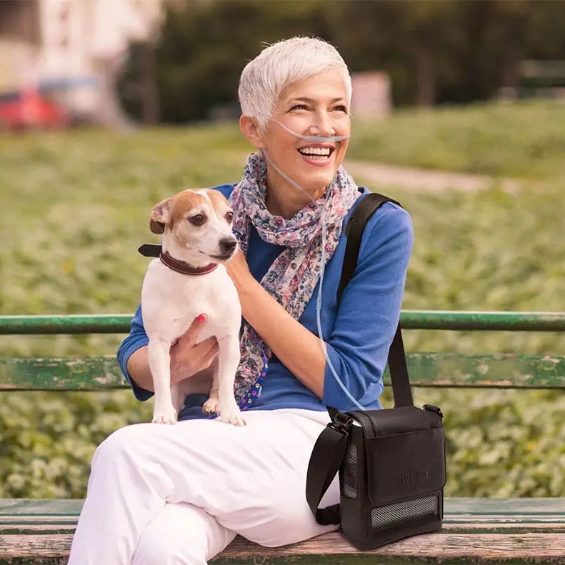 Inogen One G5 Portable Oxygen Concentrator Shown Outside in Carry Bag