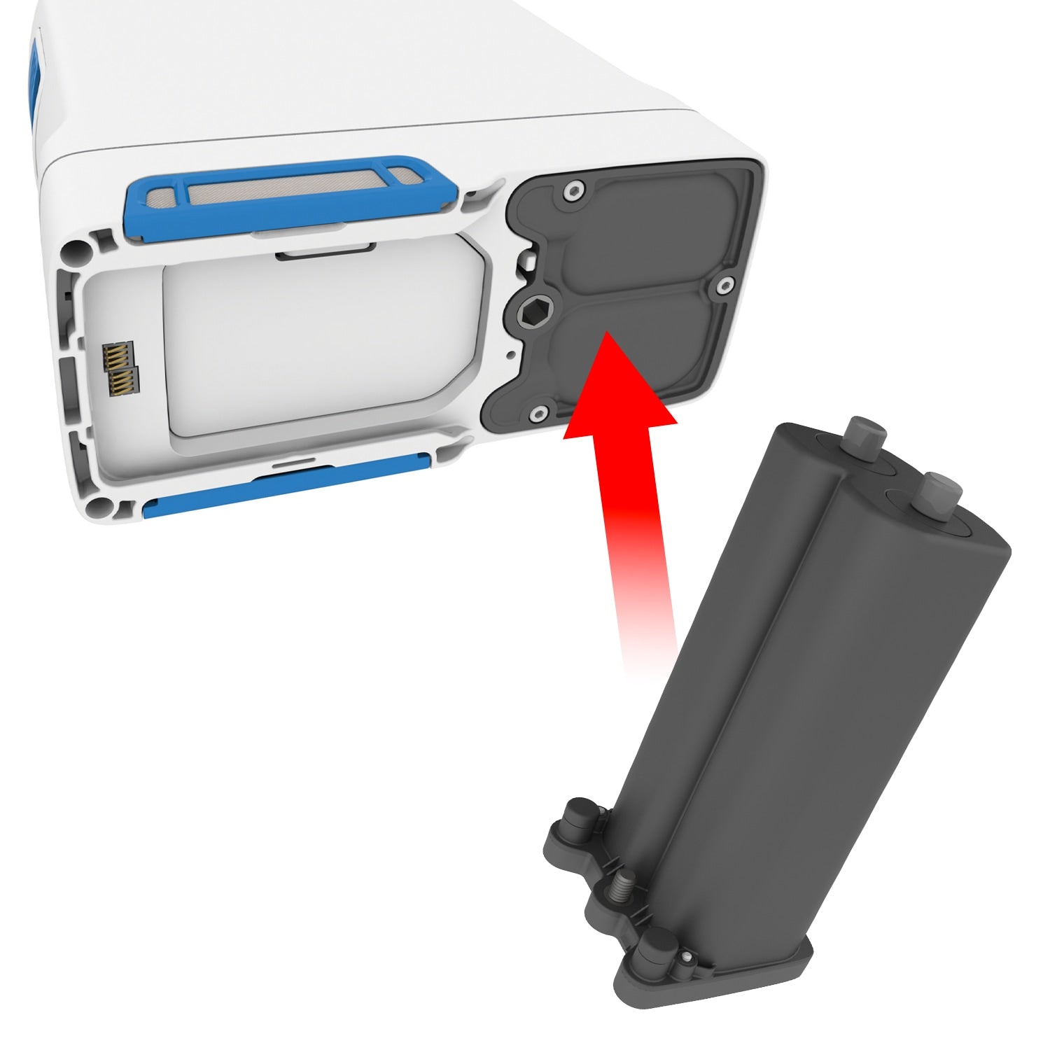 Illustration of a device with a battery being inserted, showing the back panel and battery on a white background.