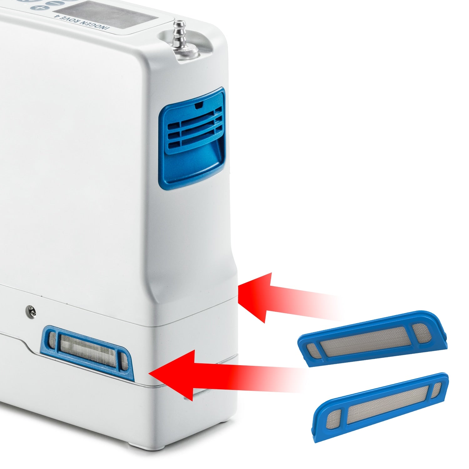 White electronic device with blue components and red arrows indicating movement on a white background