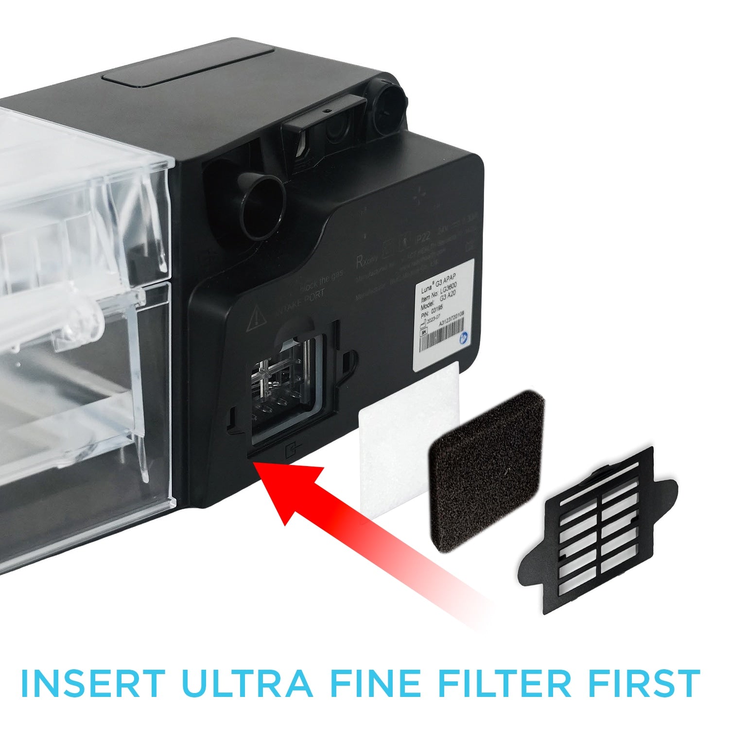 Inserting filters into a React Luna G3 CPAP Machine 