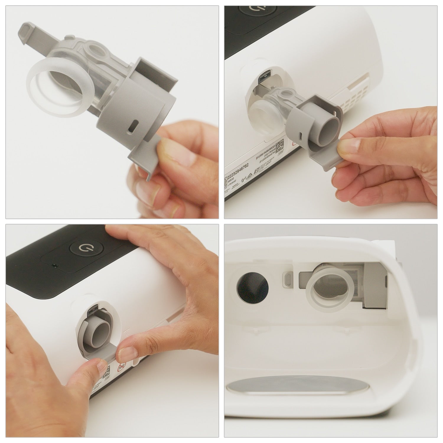 Step-by-step assembly of a device with hands performing each step on a white background.