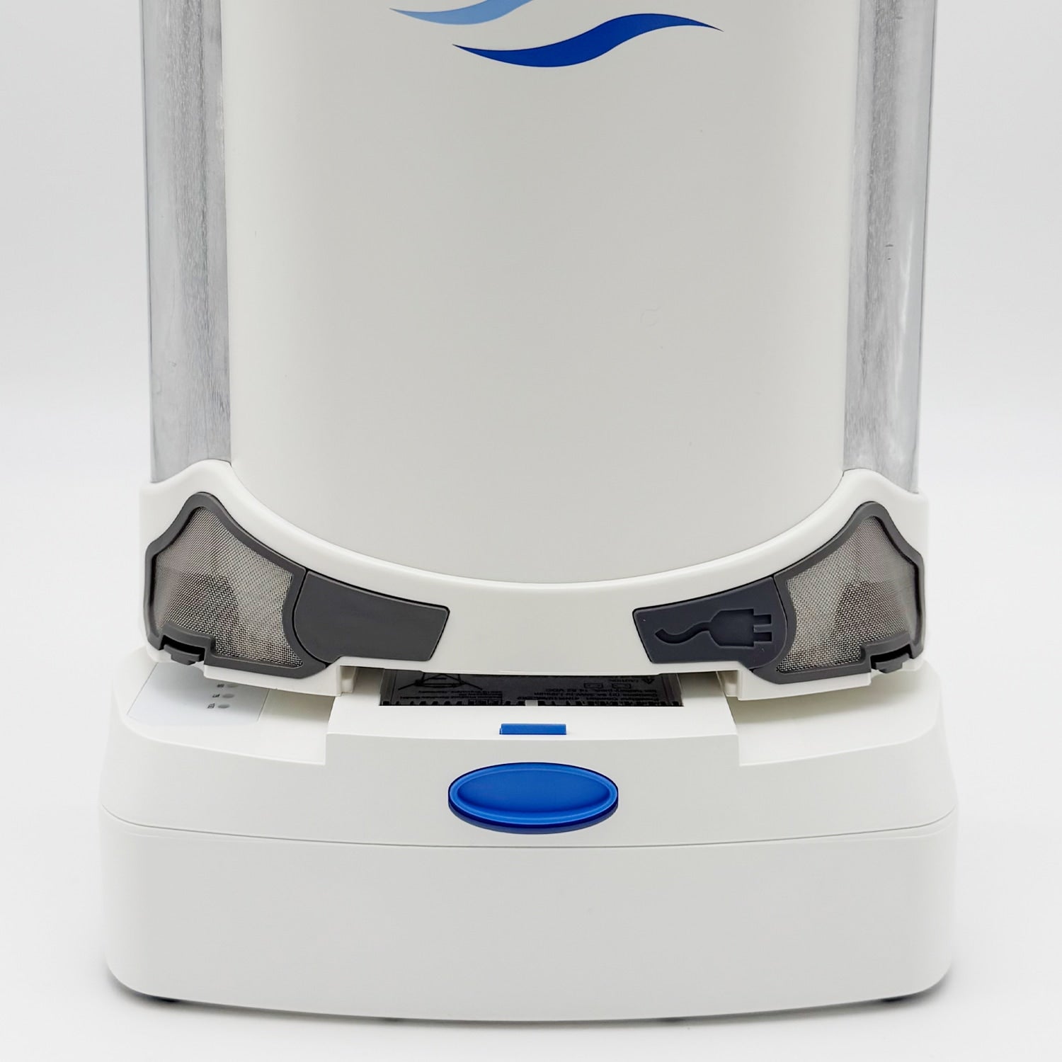 White electronic device with blue accents on a white background