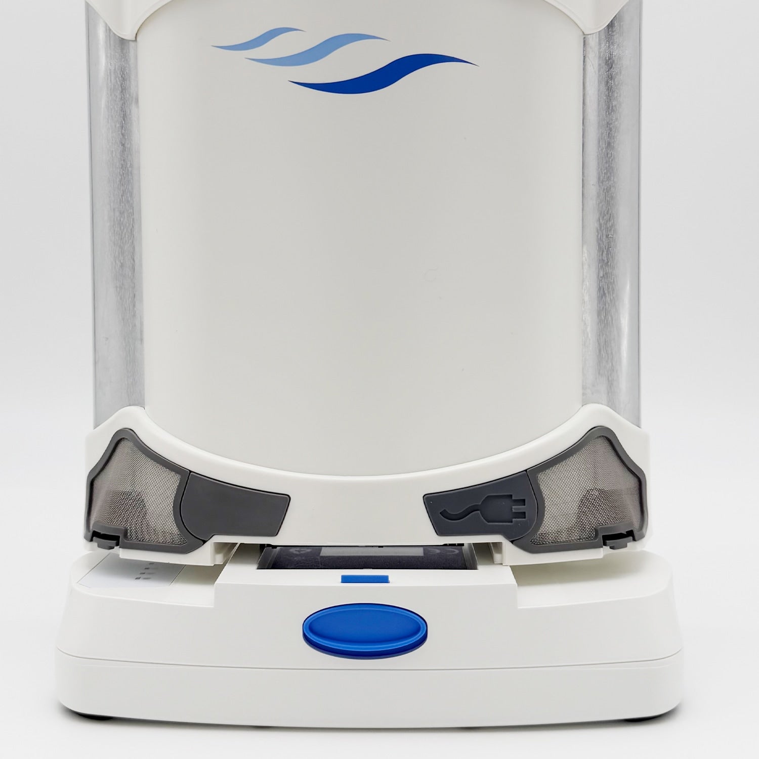 White electronic device with blue accents on a white background