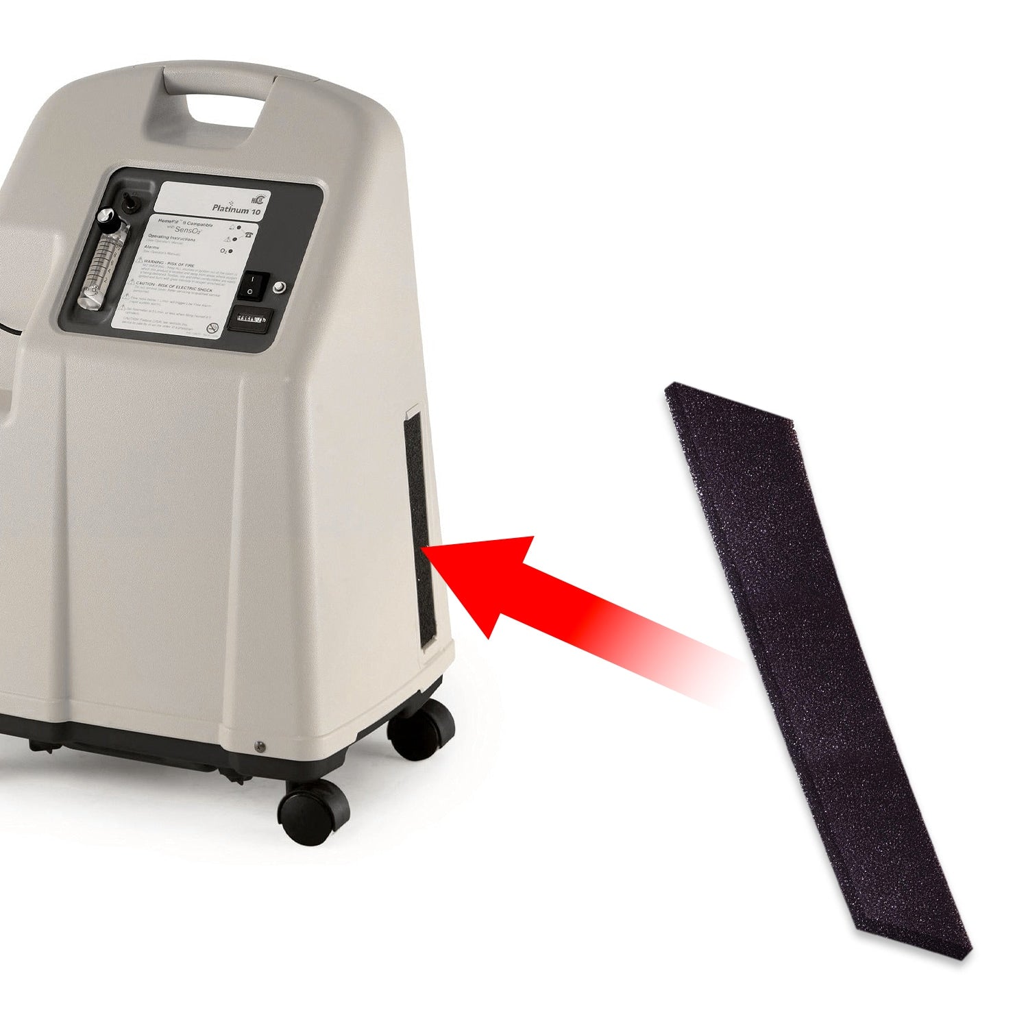 Invacare Platinum 10 concentrator with a black filter and red arrow pointing to it on a white background