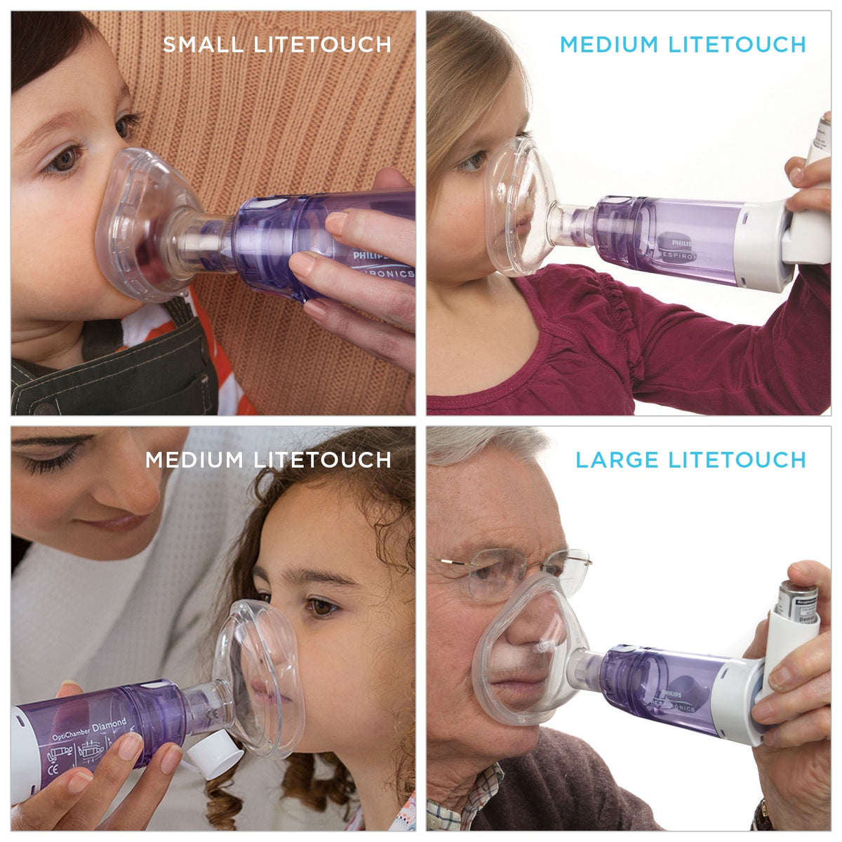 Collage of people using different sizes of Litetouch nebulizers 