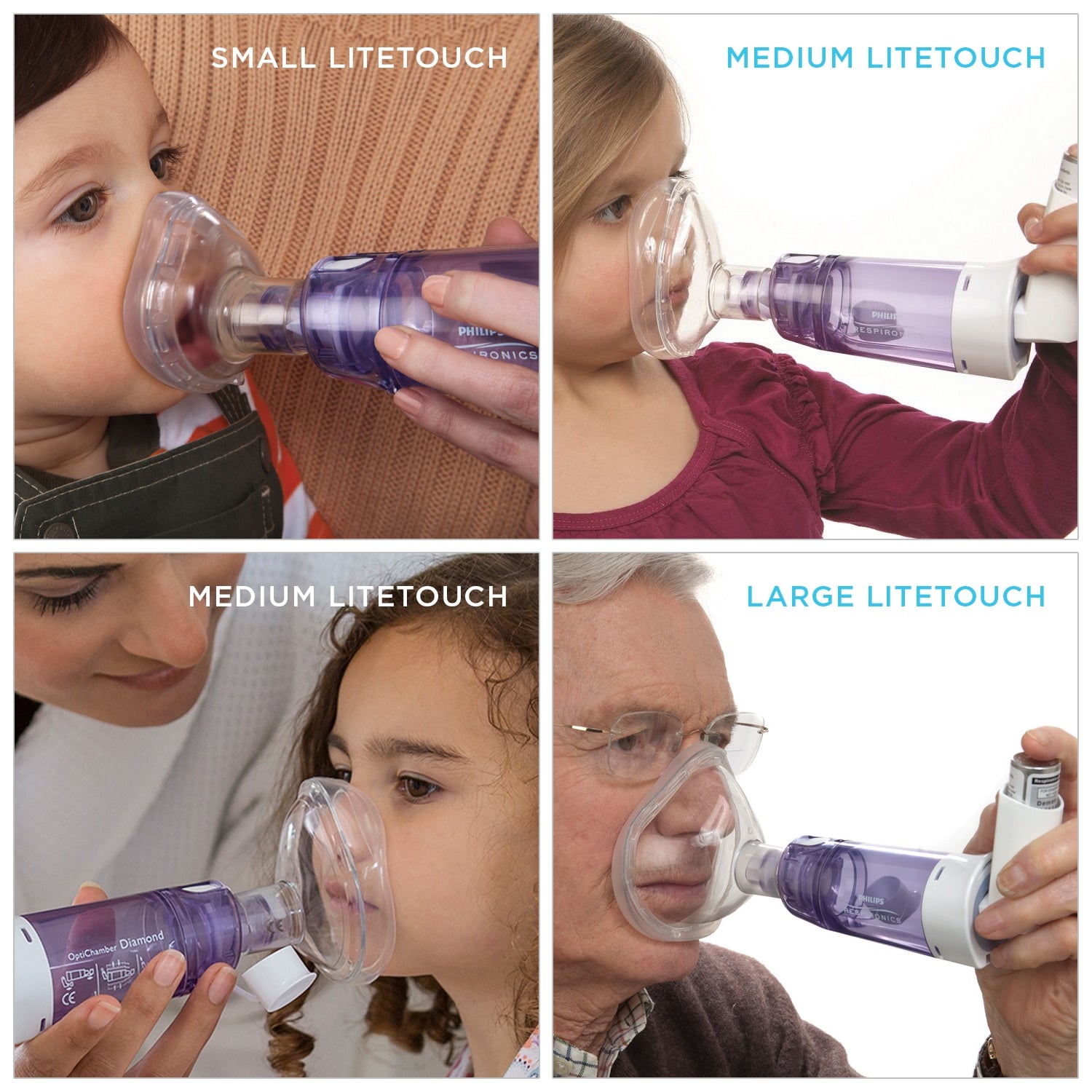 Collage of people using different sizes of Litetouch nebulizers 