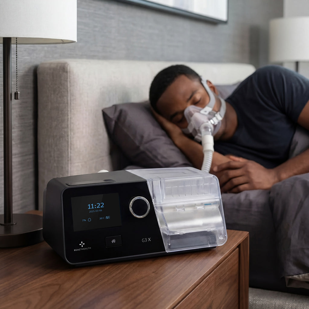 Person using a CPAP machine in bed with a device on a nightstand.