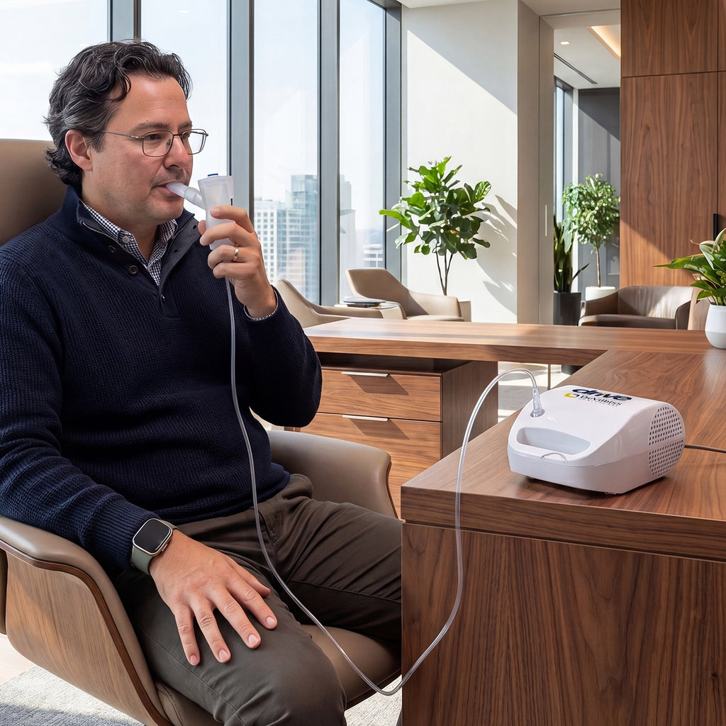 Man using a compact compressor nebulizer kit i in a modern office setting with a ResMed device on a table.