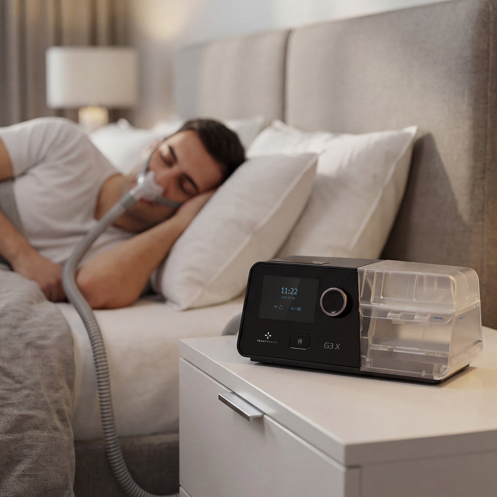Man Sleeping with CPAP mask on with a Luna G3X CPAP Machine on a side table 