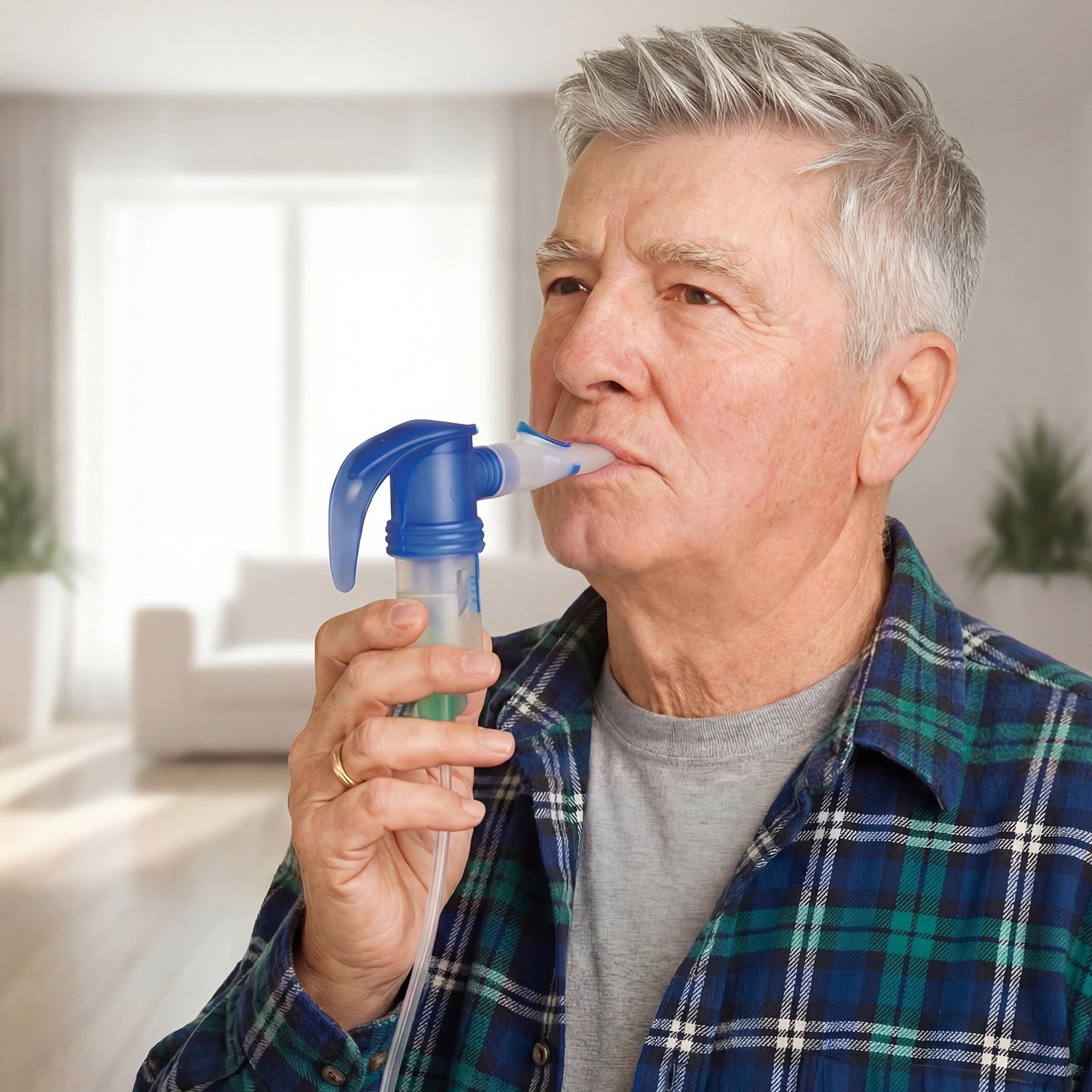 man using pari lc sprint nebulizer