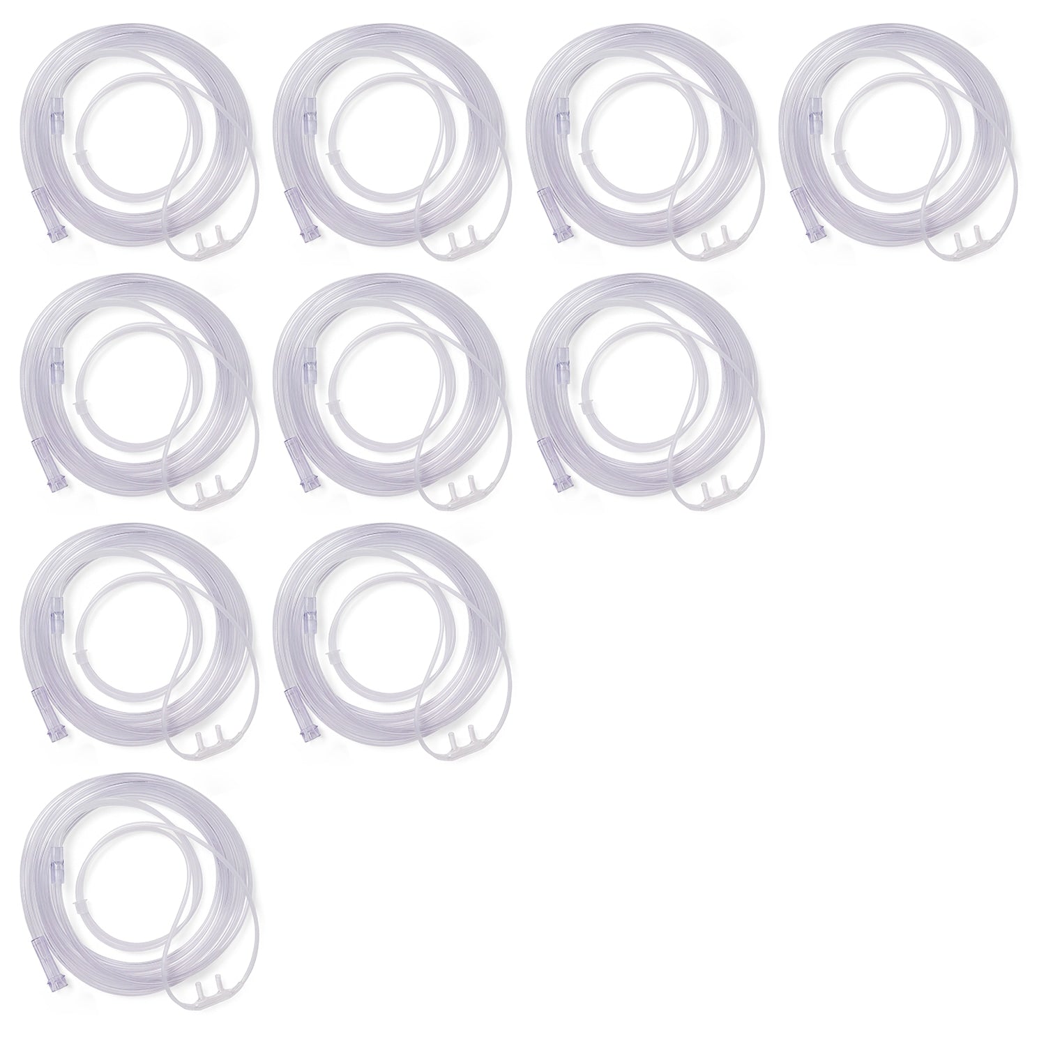 Ten clear plastic replacement tubing pieces, each coiled and shown on a plain white background.
