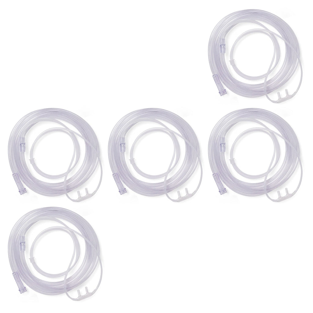 Five clear plastic nasal oxygen tubing rolls with connectors, arranged on a plain white background.