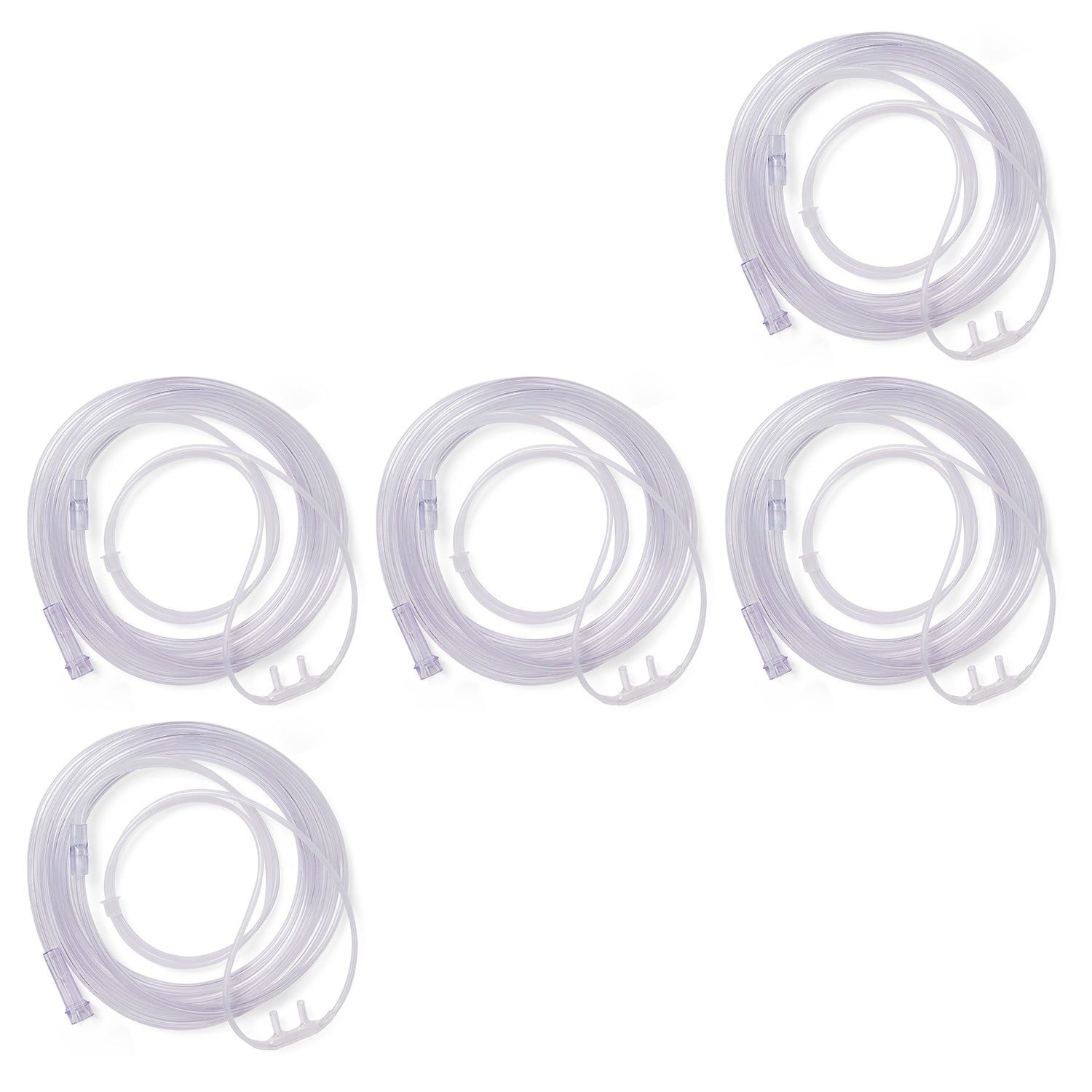 Five clear plastic nasal oxygen tubing rolls with connectors, arranged on a plain white background.
