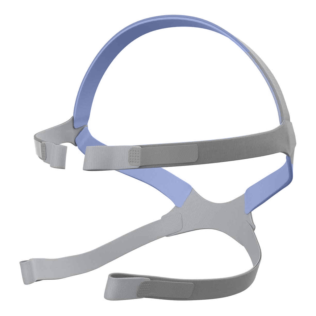 Gray and blue headgear on a white background