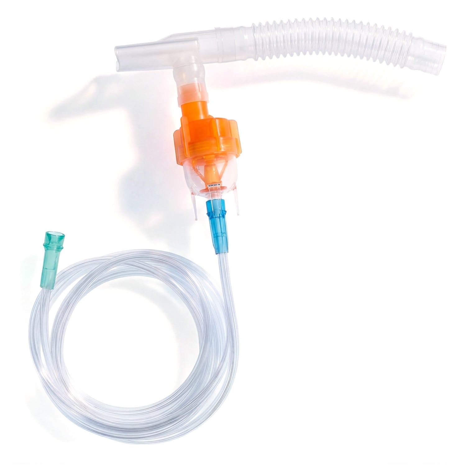 One clear plastic medical tubing with orange connectors on a white background