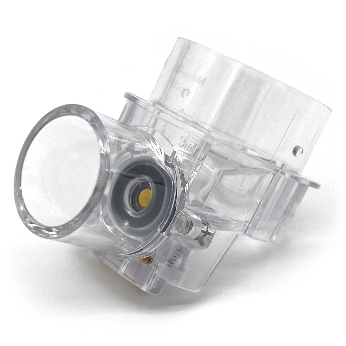 A clear, plastic replacement cup for Sunset Handheld Mesh Nebulizers, with visible measurement markings.