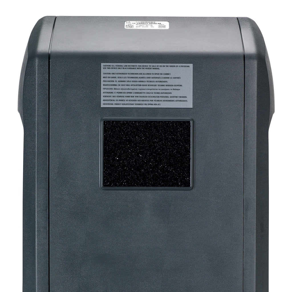Gray electronic device with a label on a white background