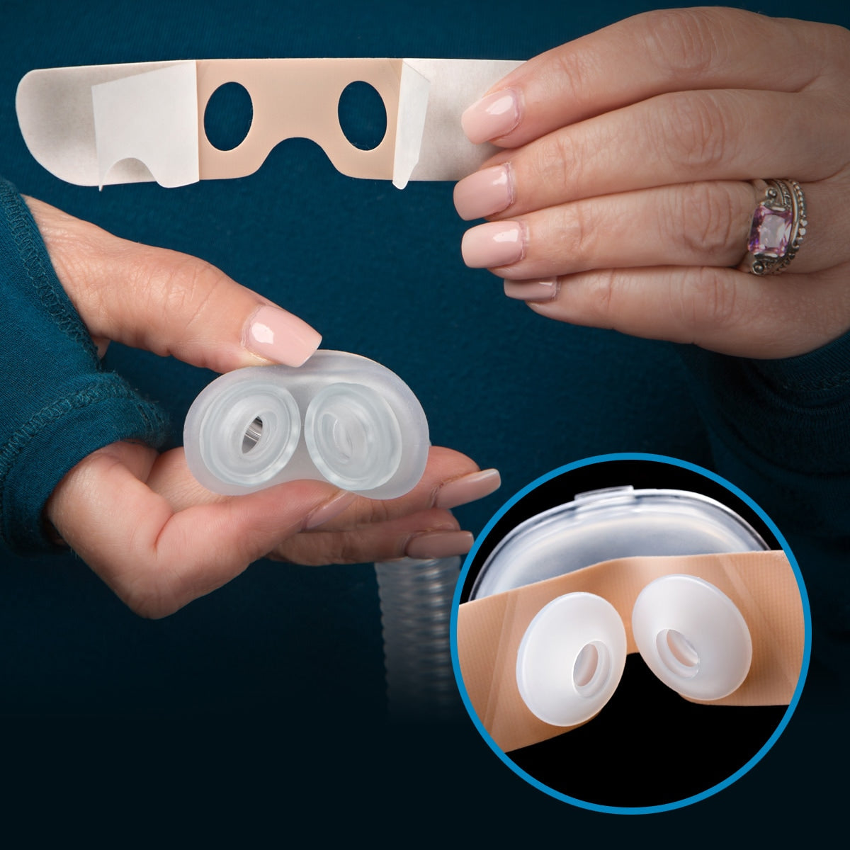 NozeSeal Adhesive Strips Installed on Nasal Pillow Mask 