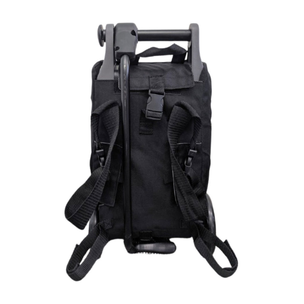 Black backpack with a rolling handle on a white background