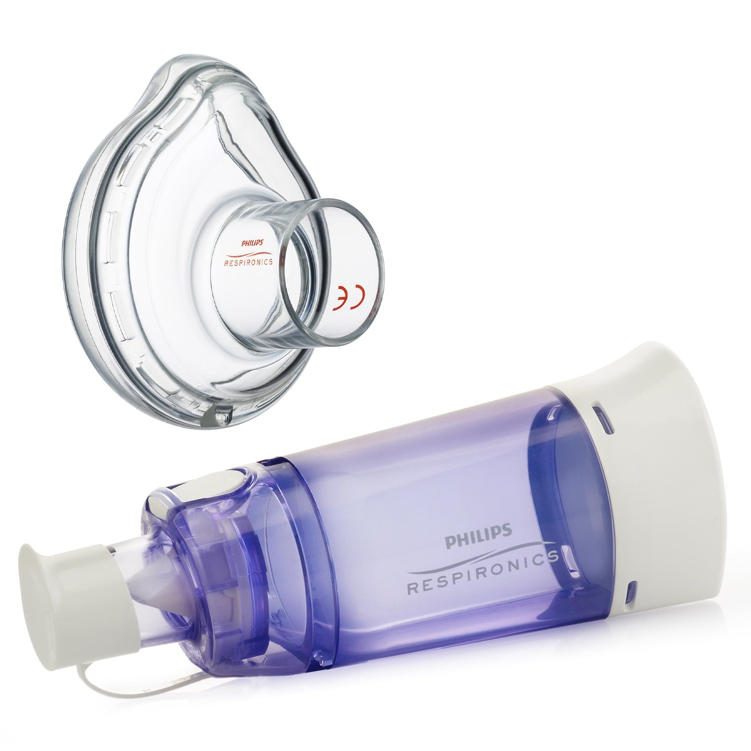 Philips Respironics Optichamber device with clear mask on a white background