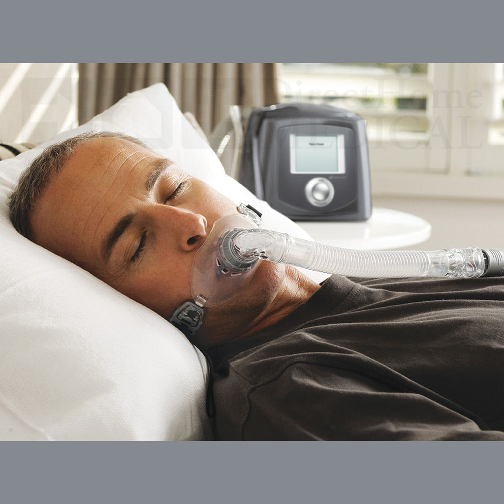 Person using a CPAP machine in bed with a device on their face.