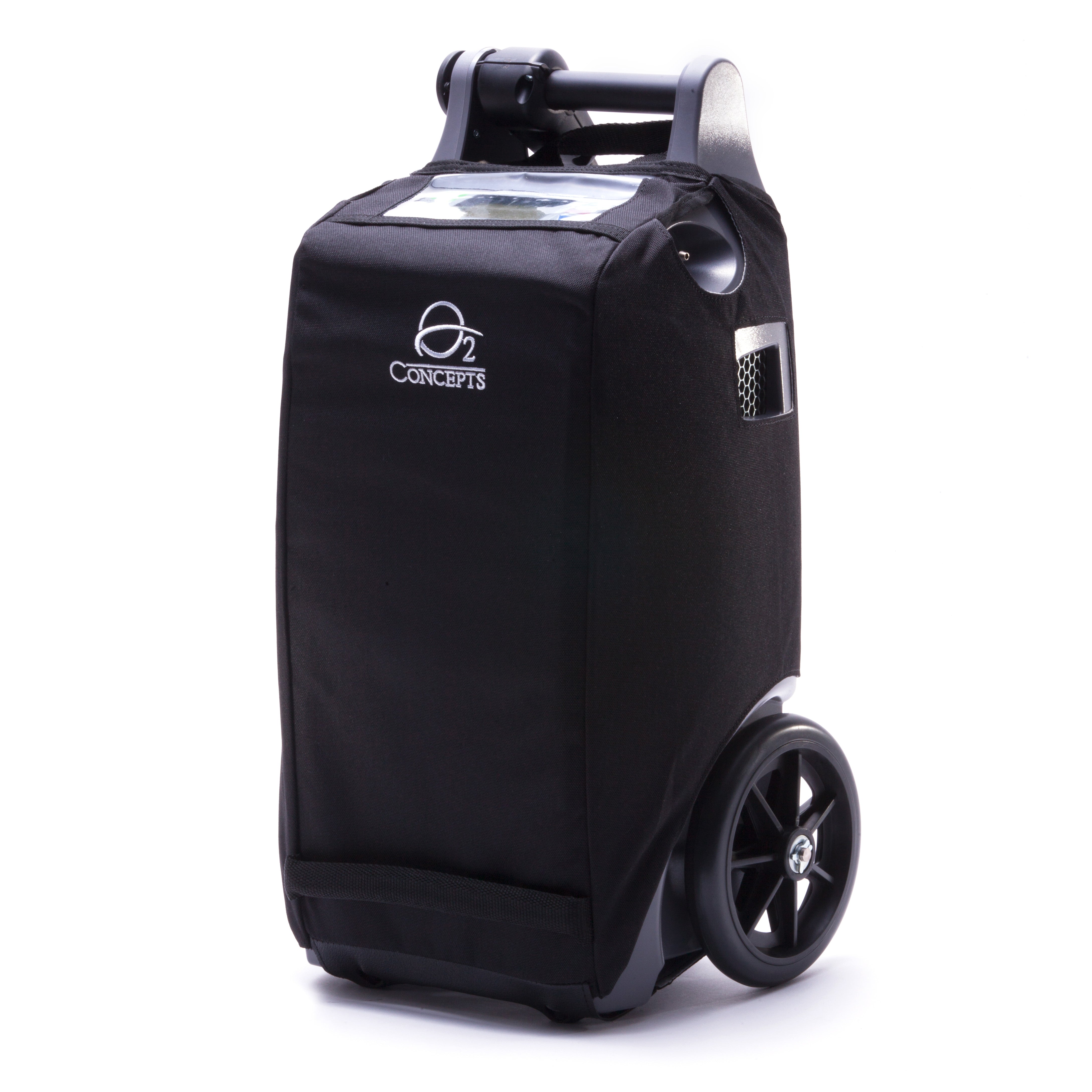 A black protective cover for an OxLife Independence Portable Oxygen Concentrator with wheels and a handle, featuring the O2 Concepts logo.