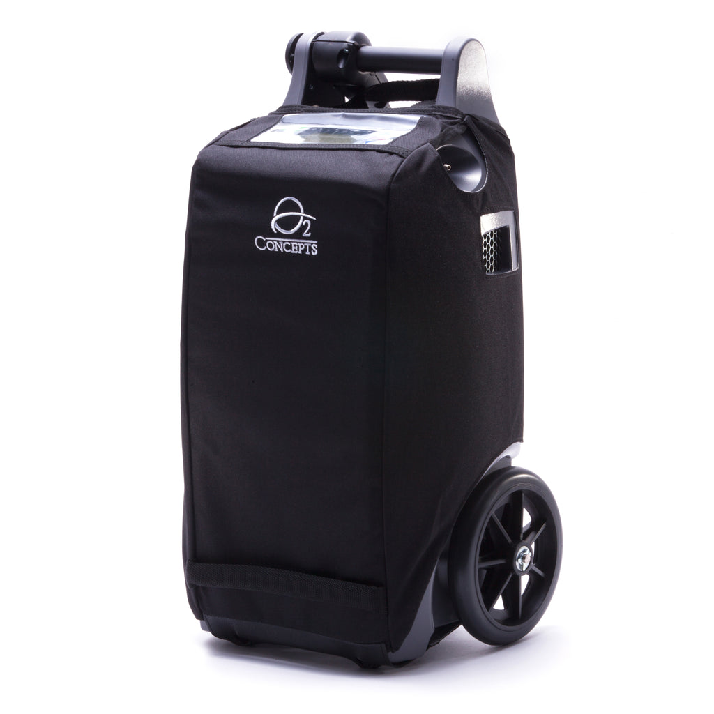A black protective cover for an OxLife Independence Portable Oxygen Concentrator with wheels and a handle, featuring the O2 Concepts logo.