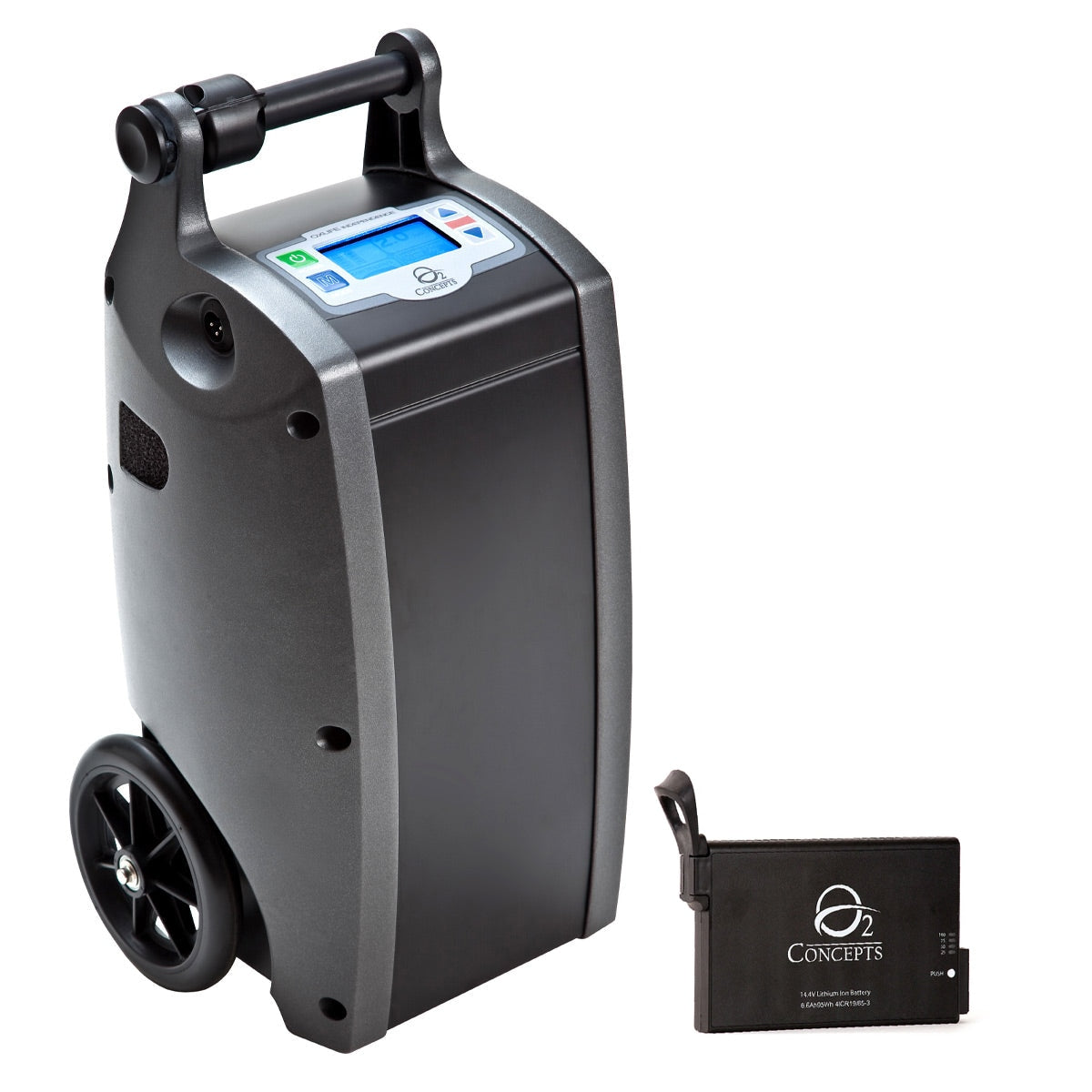 Portable oxygen concentrator with an extra battery on a white background