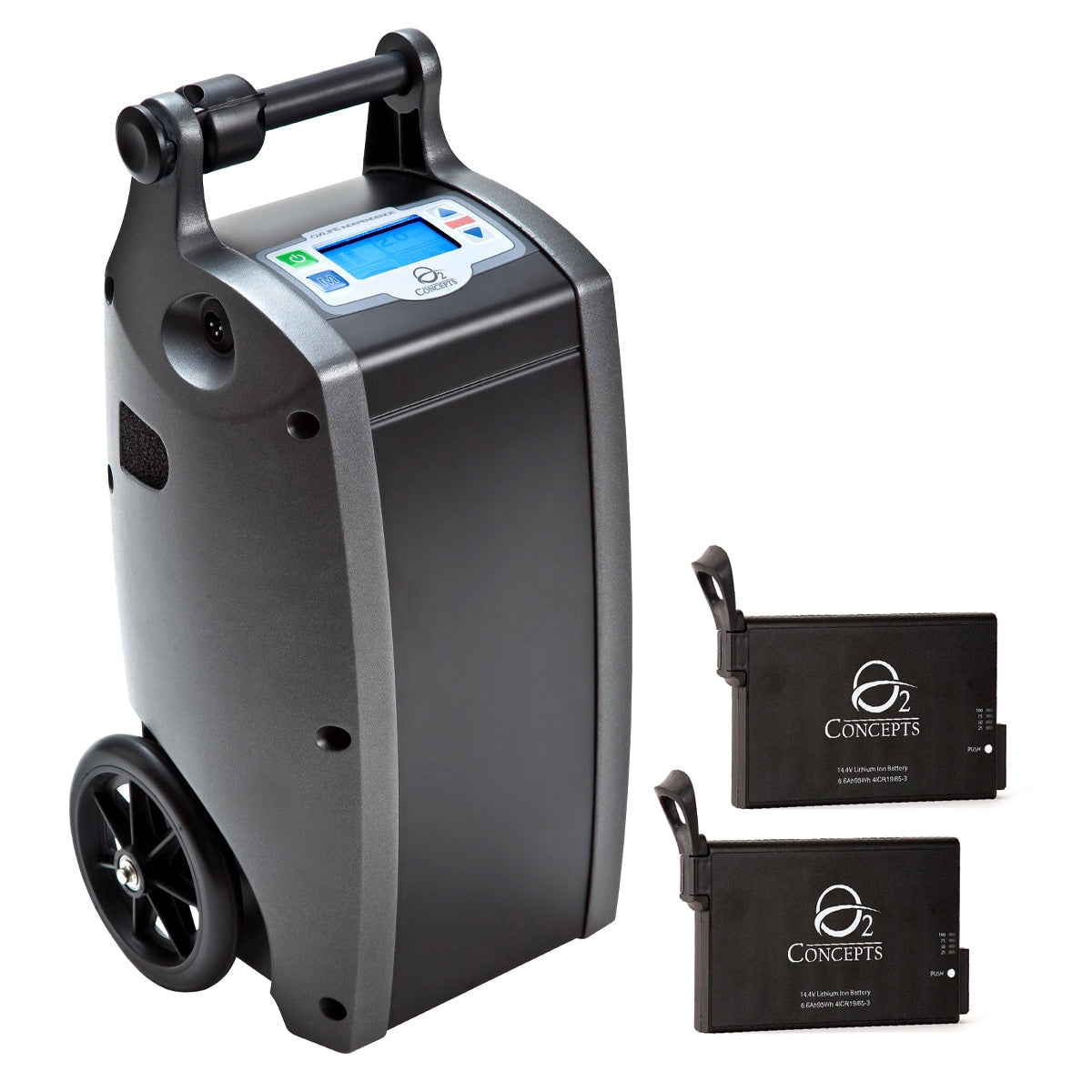 Portable oxygen concentrator with two batteries on a white background