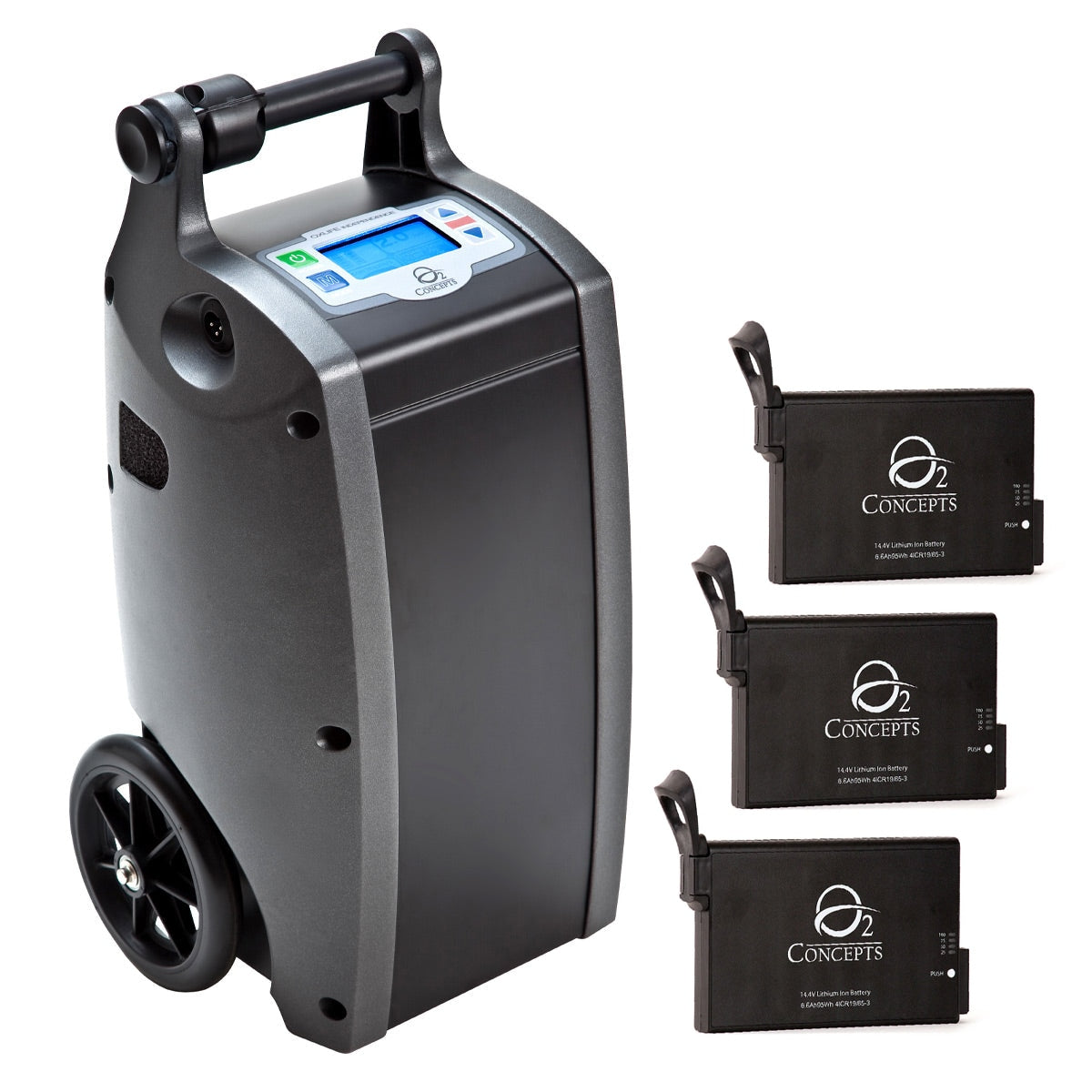 Portable oxygen concentrator with three additional batteries on a white background