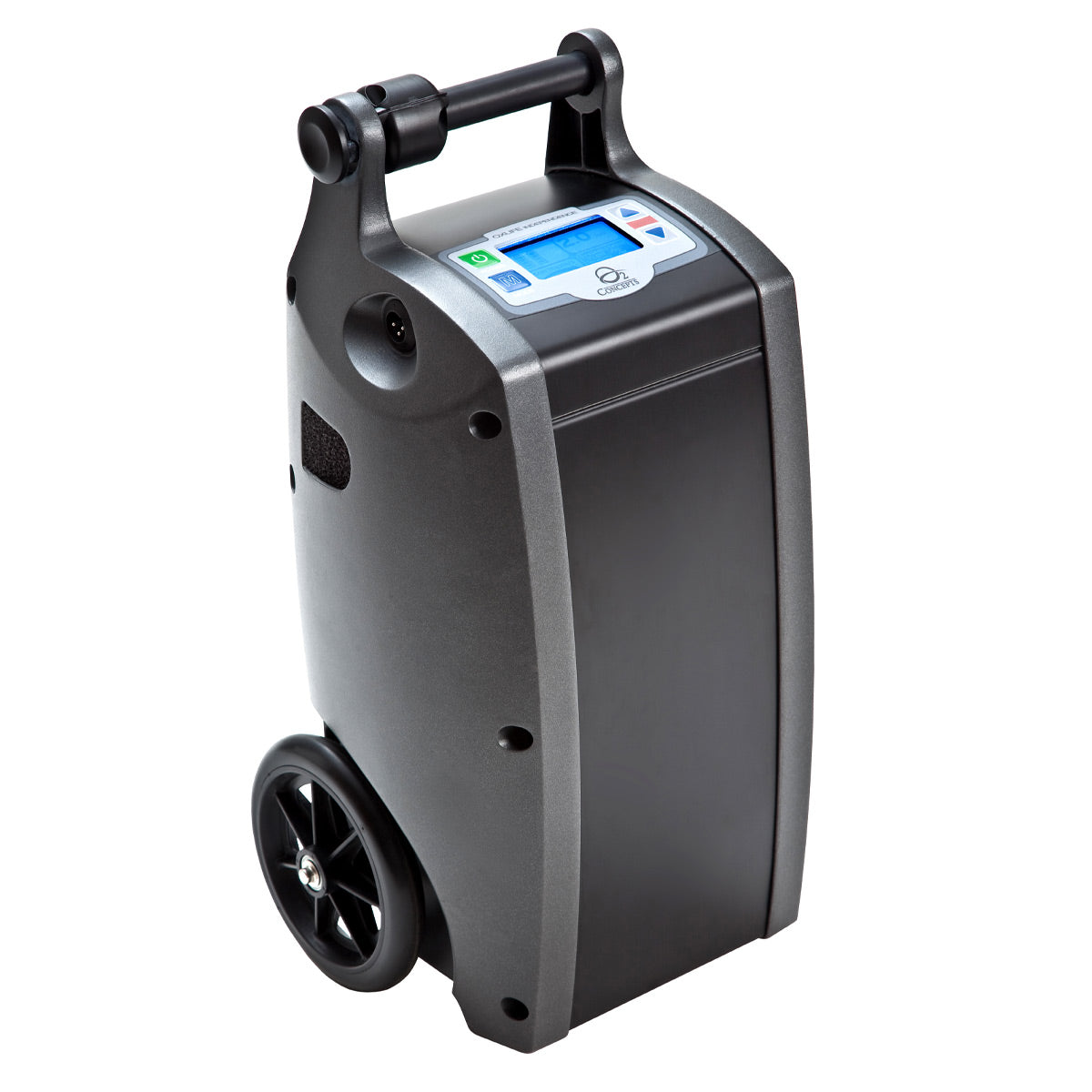 A portable oxygen concentrator with a magnesium case, digital display, travel cart, and handle.