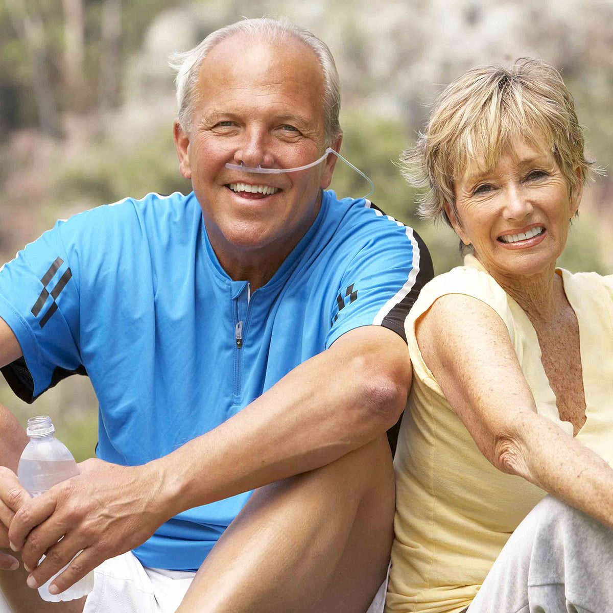 Man outdoors wearing Oxy-Breather Nasal Cannula