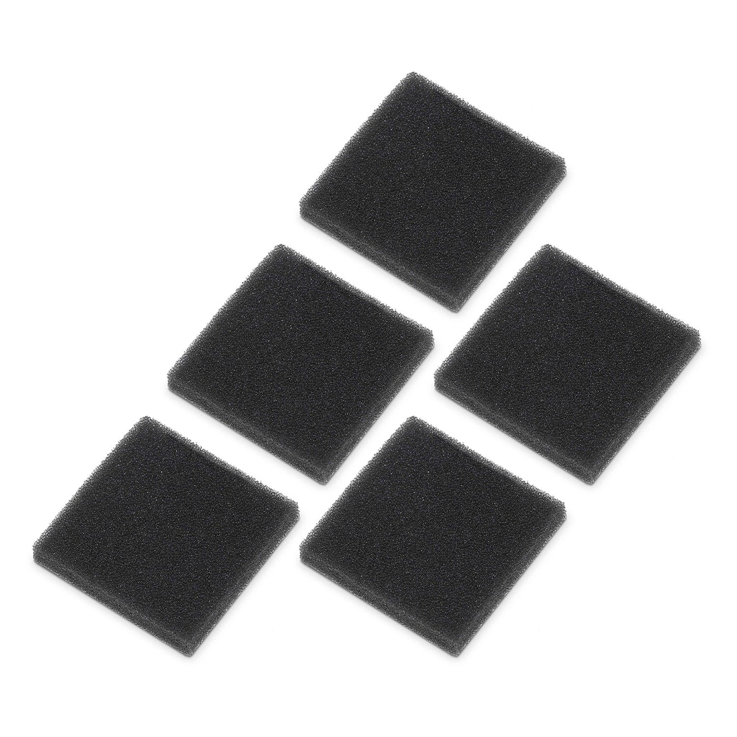Five black square foam filters on a white background