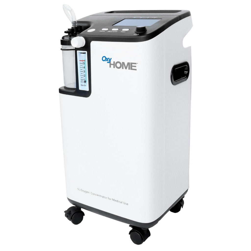 A white OxyHome stationary oxygen concentrator machine with a digital display and several ports, set against a plain background.