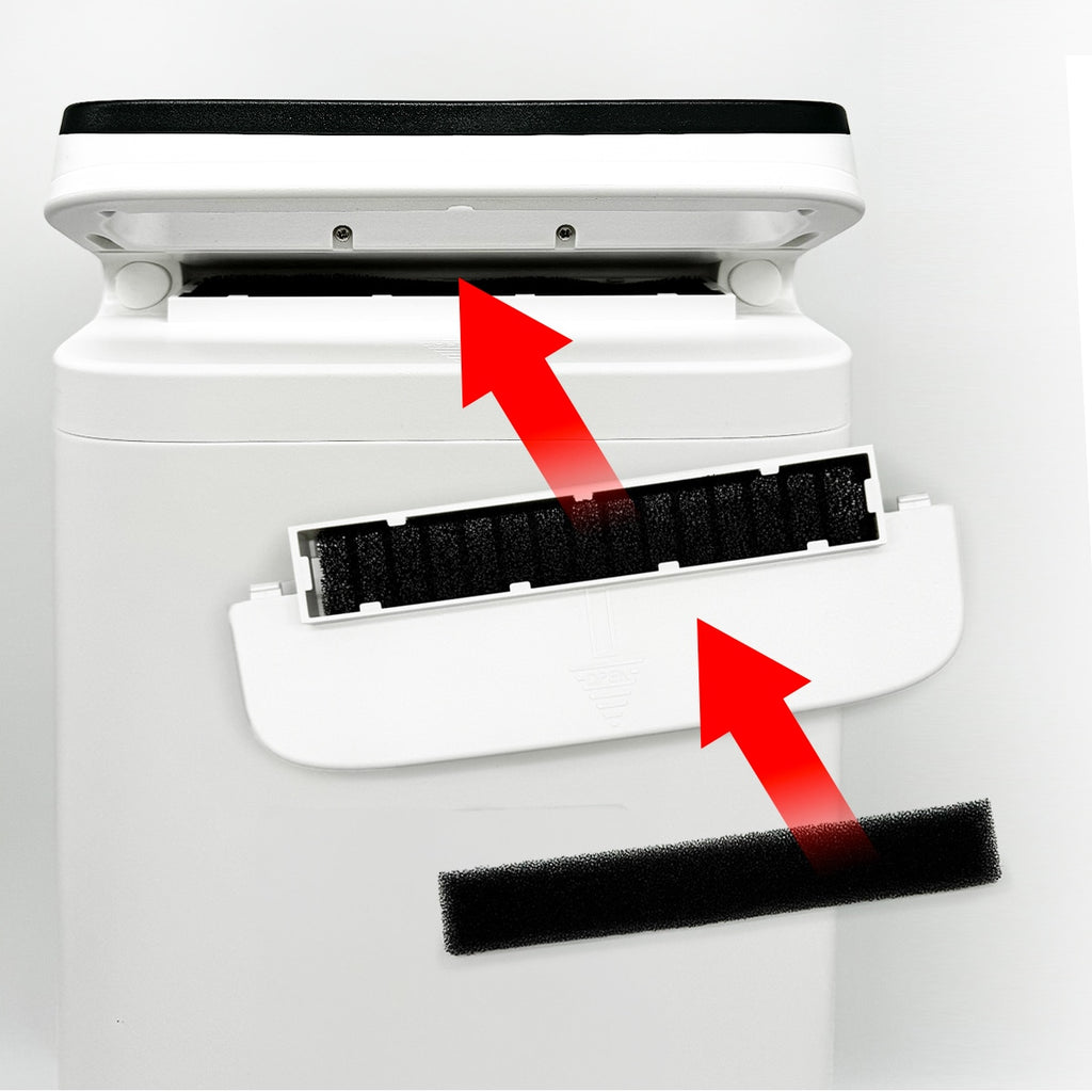 OxyHome Filter shown with filter carrier next to concentrator with arrows showing placement
