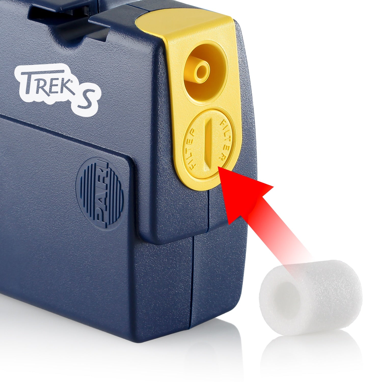 TrekS device with a yellow filter slot and red arrow pointing to it on a white background