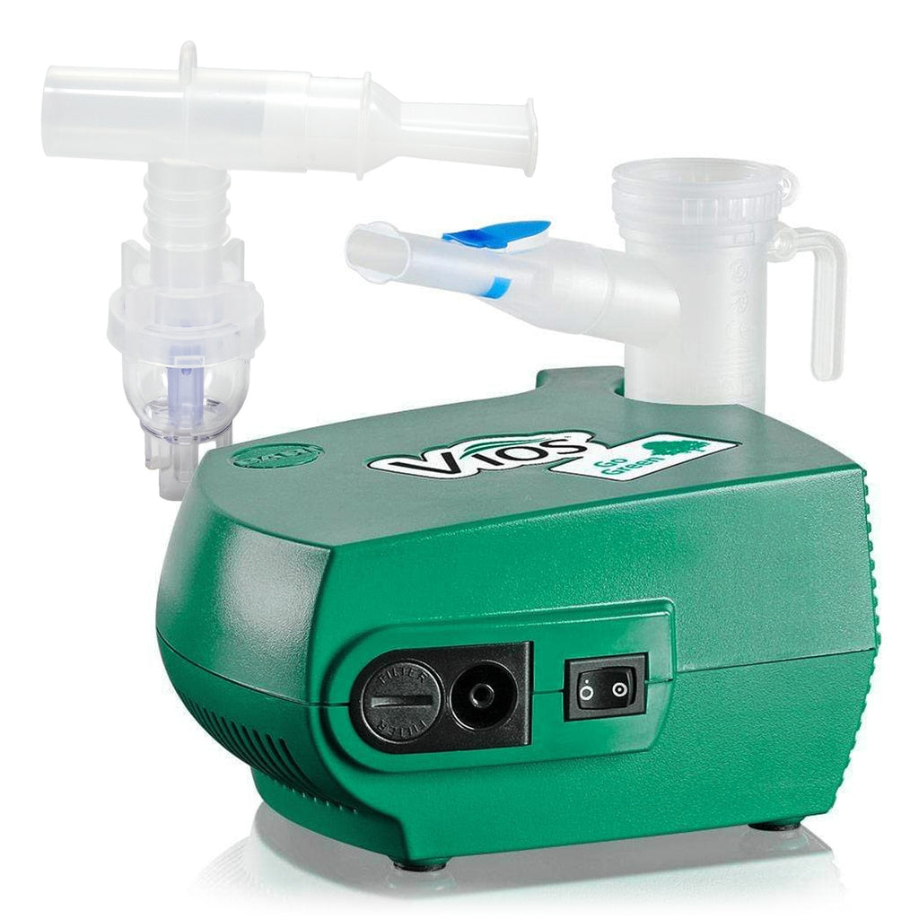 Green and white Vios nebulizer on a white background